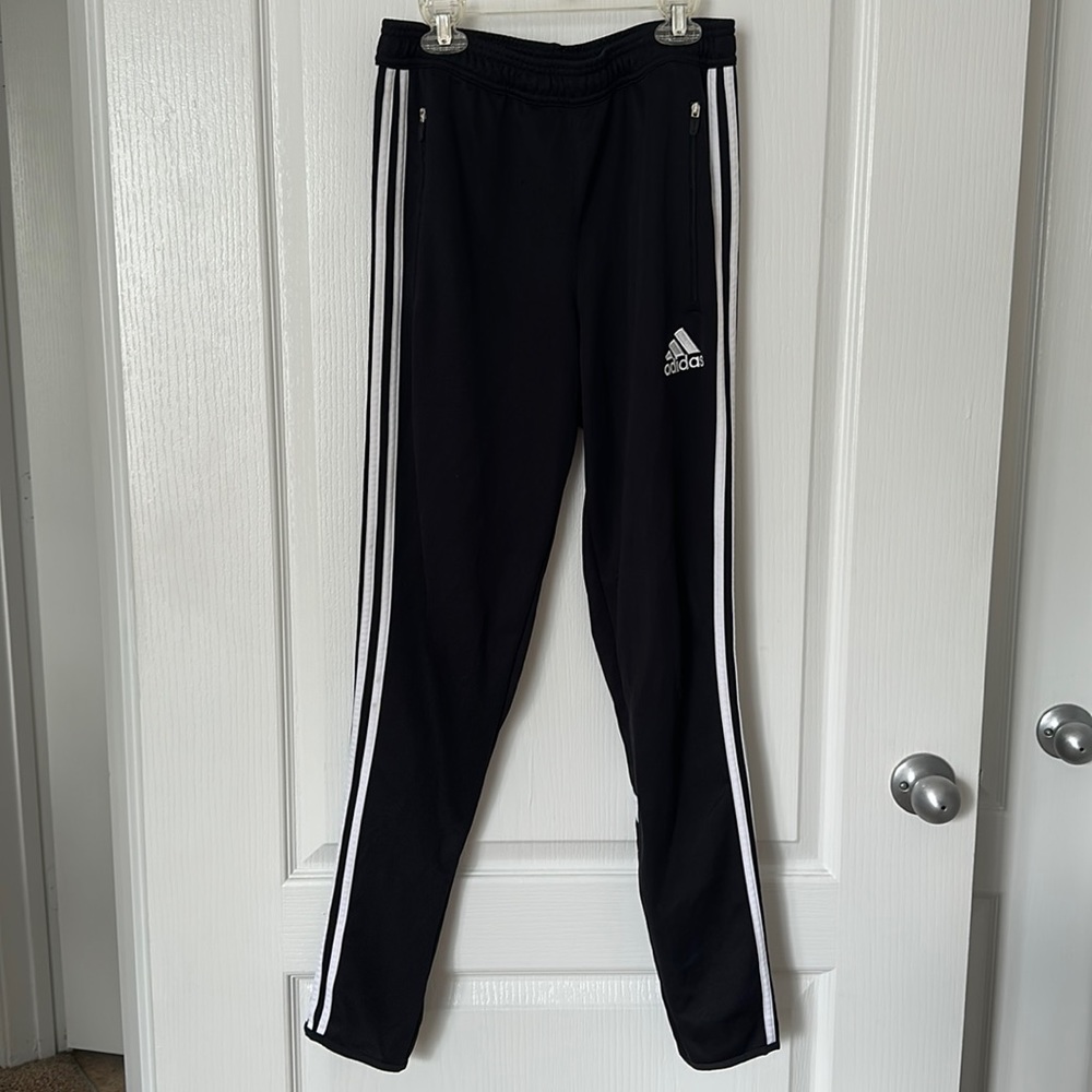 Adidas Climacool soccer pants, black with white stripes and logo, size small